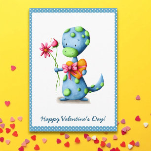 Schattige Blauwe Dino Valentijnsdag Kaart
