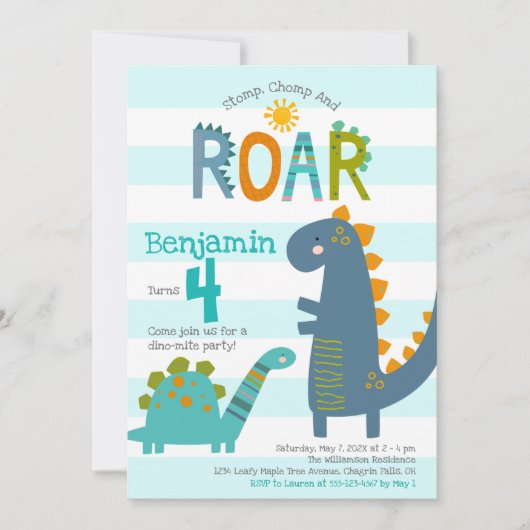 Schattige Blauwe Dinosauriërs Stamp Chomp Brul Jon Kaart (Voorkant)