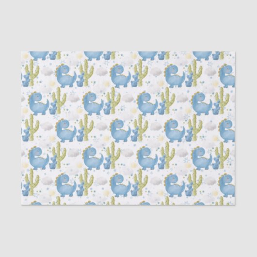 SCHATTIGE BLAUWE DINOSAURS EN GROENE CACTUS TISSUEPAPIER (Voorkant)