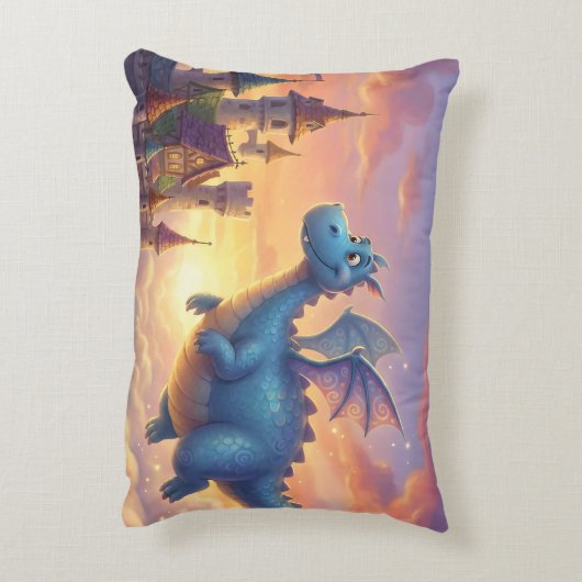 Schattige Blauwe Draak Vliegend Boven Kasteel Accent Kussen (Achterkant (Verticaal))