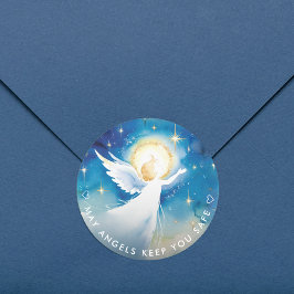 Schattige Blauwe en Witte Beschermengel Waterverf  Ronde Sticker