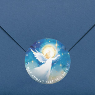 Schattige Blauwe en Witte Beschermengel Waterverf  Ronde Sticker