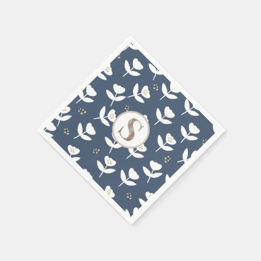 Schattige blauwe en witte bloemrijke monogram naam servet (Hoek)