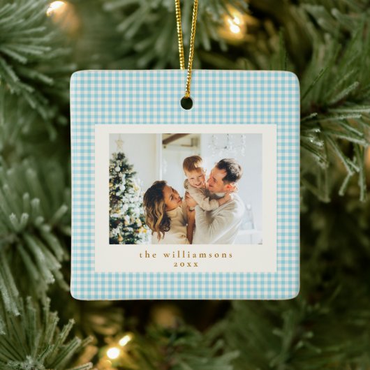 Schattige blauwe gingham ruitpatroon aangepaste fo keramisch ornament (Boom)
