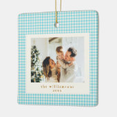 Schattige blauwe gingham ruitpatroon aangepaste fo keramisch ornament (Links)