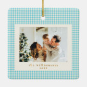 Schattige blauwe gingham ruitpatroon aangepaste fo keramisch ornament (Achterkant)