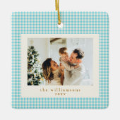 Schattige blauwe gingham ruitpatroon aangepaste fo keramisch ornament (Voorkant)