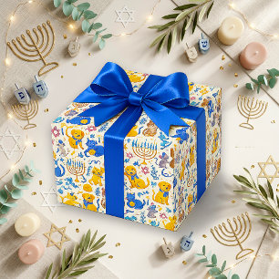 Schattige Blauwe Gouden Huisdieren Hanukkah Cadeaupapier