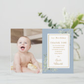 Schattige Blauwe Groene 1e Verjaardagsfoto Bedankkaart (Staand voorkant)
