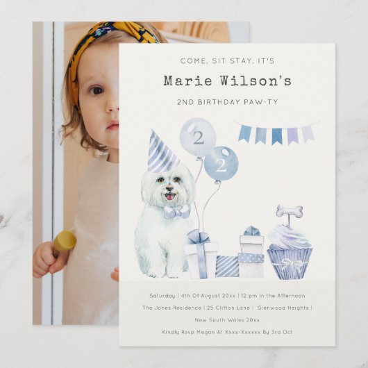Schattige Blauwe Hond Verjaardagsfoto Uitnodiging (Voorkant / Achterkant)