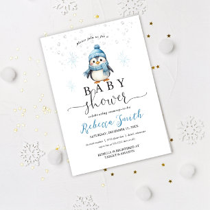 Schattige Blauwe Jongen Pinguïn Winter Baby Shower Kaart