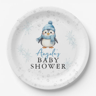 Schattige Blauwe Jongen Pinguïn Winter Baby Shower Papieren Bordje
