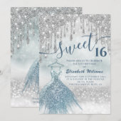 Schattige blauwe jurk zilverglitterij druppelt omb kaart (Voorkant / Achterkant)