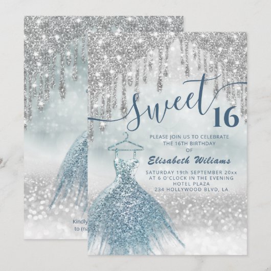 Schattige blauwe jurk zilverglitterij druppelt omb kaart (Voorkant / Achterkant)