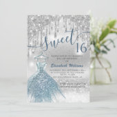 Schattige blauwe jurk zilverglitterij druppelt omb kaart (Staand voorkant)