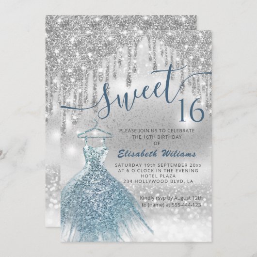 Schattige blauwe jurk zilverglitterij druppelt omb kaart (Voorkant / Achterkant)