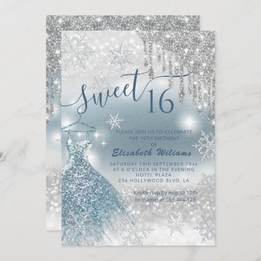 Schattige blauwe jurk zilverglitterij druppelt omb kaart (Voorkant / Achterkant)