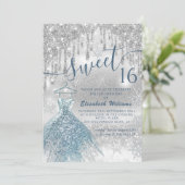 Schattige blauwe jurk zilverglitterij druppelt omb kaart (Staand voorkant)