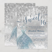 Schattige blauwe jurk zilverglitterij druppelt omb kaart (Voorkant / Achterkant)