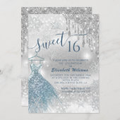 Schattige blauwe jurk zilverglitterij druppelt omb kaart (Voorkant / Achterkant)