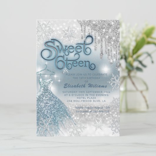 Schattige blauwe jurk zilverglitterij druppelt omb kaart (Staand voorkant)