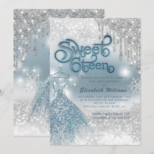 Schattige blauwe jurk zilverglitterij druppelt omb kaart (Voorkant / Achterkant)