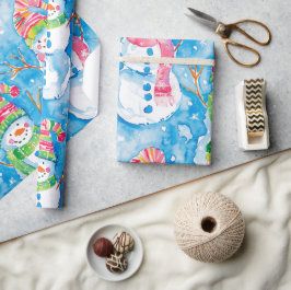 Schattige Blauwe Kerst Waterverf Sneeuwman Cadeaupapier