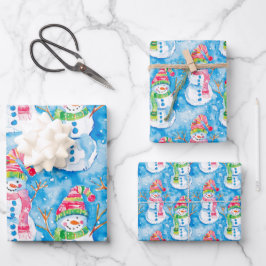 Schattige Blauwe Kerst Waterverf Sneeuwman Inpakpapier Vel