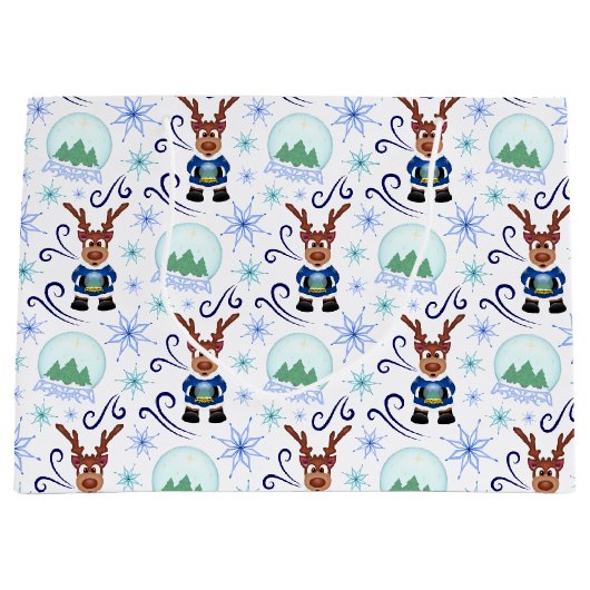 Schattige Blauwe Kinderen Kerst Rendier Groot Cadeauzakje (Voorkant)