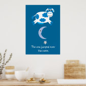 Schattige Blauwe Koe Sprong Over De Maan Poster (Keuken)