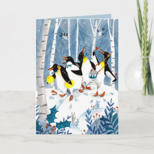 Schattige blauwe muzikanten pinguïns sneeuw plezie feestdagen kaart