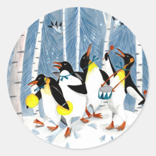 Schattige blauwe muzikanten pinguïns sneeuw pret v ronde sticker