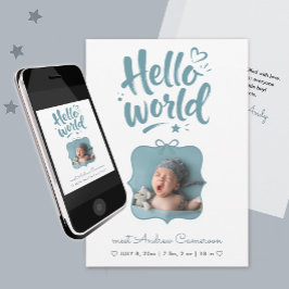 Schattige Blauwe Nieuwe Babyjongen Foto Strik Bors Aankondiging