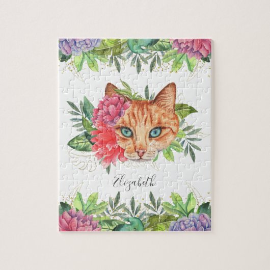 Schattige Blauwe Ogen Bloemkat Naam Legpuzzel (Verticaal)