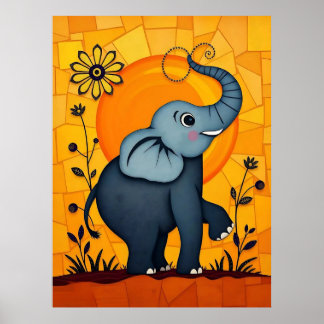 Schattige blauwe olifant met bloemenaccenten poster
