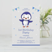 Schattige Blauwe Pinguïn Eerste 1e Verjaardagsfees Kaart (Staand voorkant)