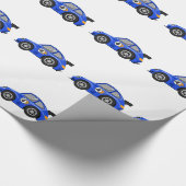 Schattige blauwe raceauto - Kies achtergrondkleur Cadeaupapier (Hoek)