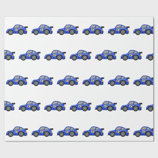 Schattige blauwe raceauto - Kies achtergrondkleur Cadeaupapier (Vlak)