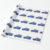 Schattige blauwe raceauto - Kies achtergrondkleur Cadeaupapier (Uitgerold)