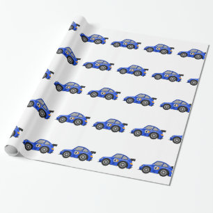 Schattige blauwe raceauto - Kies achtergrondkleur Cadeaupapier