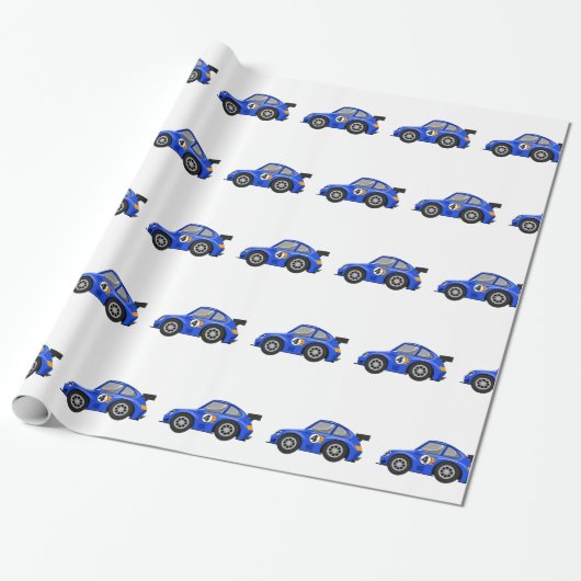 Schattige blauwe raceauto - Kies achtergrondkleur Cadeaupapier (Uitgerold)
