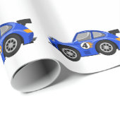 Schattige blauwe raceauto - Kies achtergrondkleur Cadeaupapier (Rol Hoek)