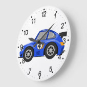 Schattige blauwe raceauto - Kies achtergrondkleur Grote Klok (Hoek)