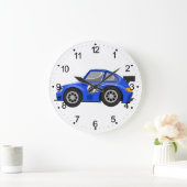 Schattige blauwe raceauto - Kies achtergrondkleur Grote Klok (Huis)