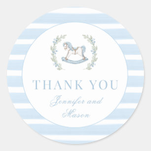 Schattige blauwe schommelpaard baby jongen shower ronde sticker