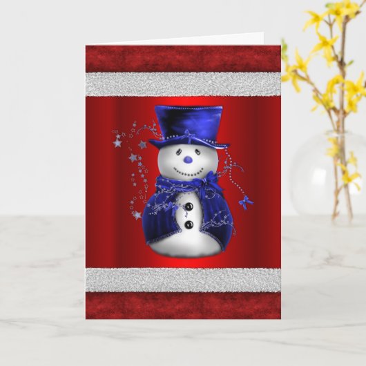 Schattige Blauwe Sneeuwman op Rode Kerst Kaart (Gele Bloem)
