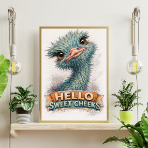 Schattige Blauwe Struisvogel Schets – “Hallo Lieve Poster