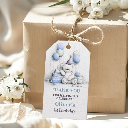 Schattige blauwe teddybeer 1e verjaardag dank je cadeaulabel