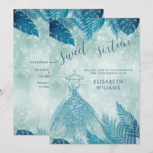 Schattige blauwe tropische bladeren bokeh zoet 16  kaart (Voorkant / Achterkant)