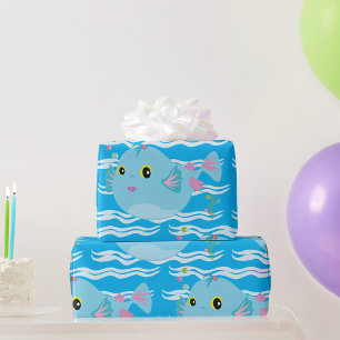 Schattige Blauwe Tropische Vis Roze Vinnen Cadeaupapier